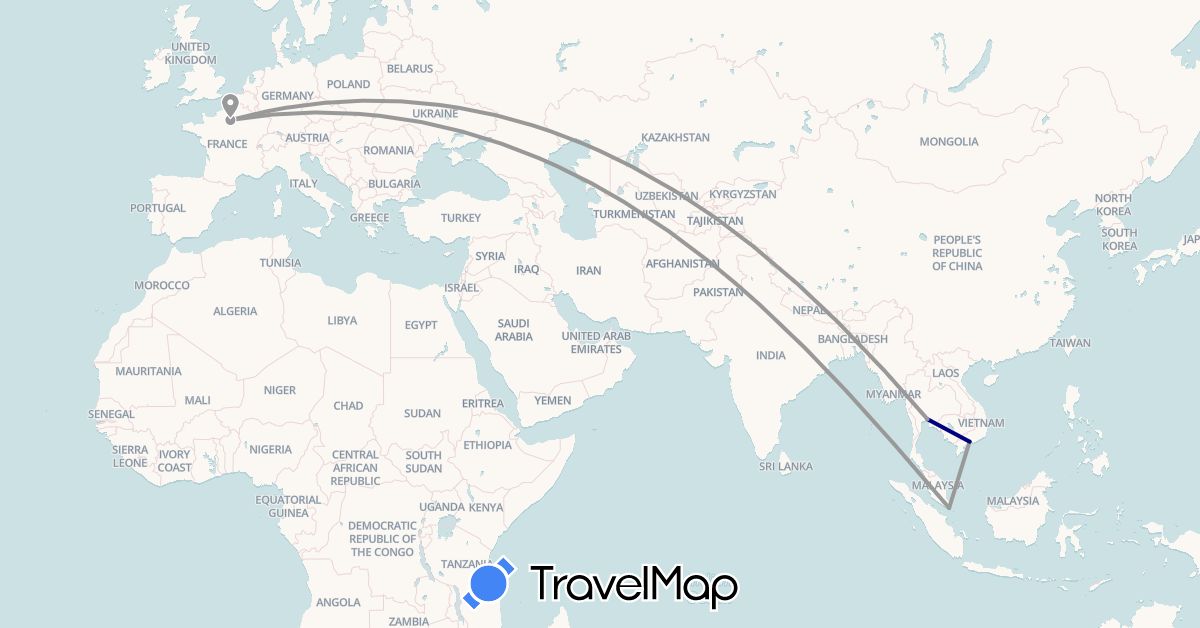 TravelMap itinerary: driving, plane in France, Singapore, Thailand, Vietnam (Asia, Europe)